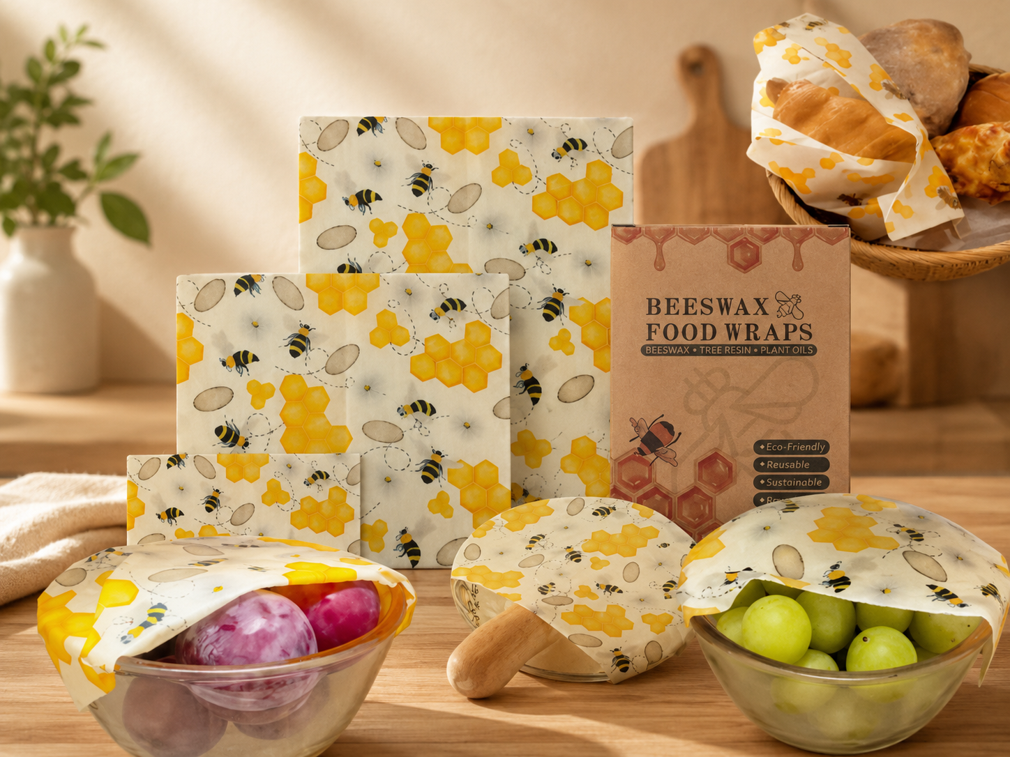 Beeswax Food Wraps — Reusable, Plastic-Free Food Storage (Set of 3)