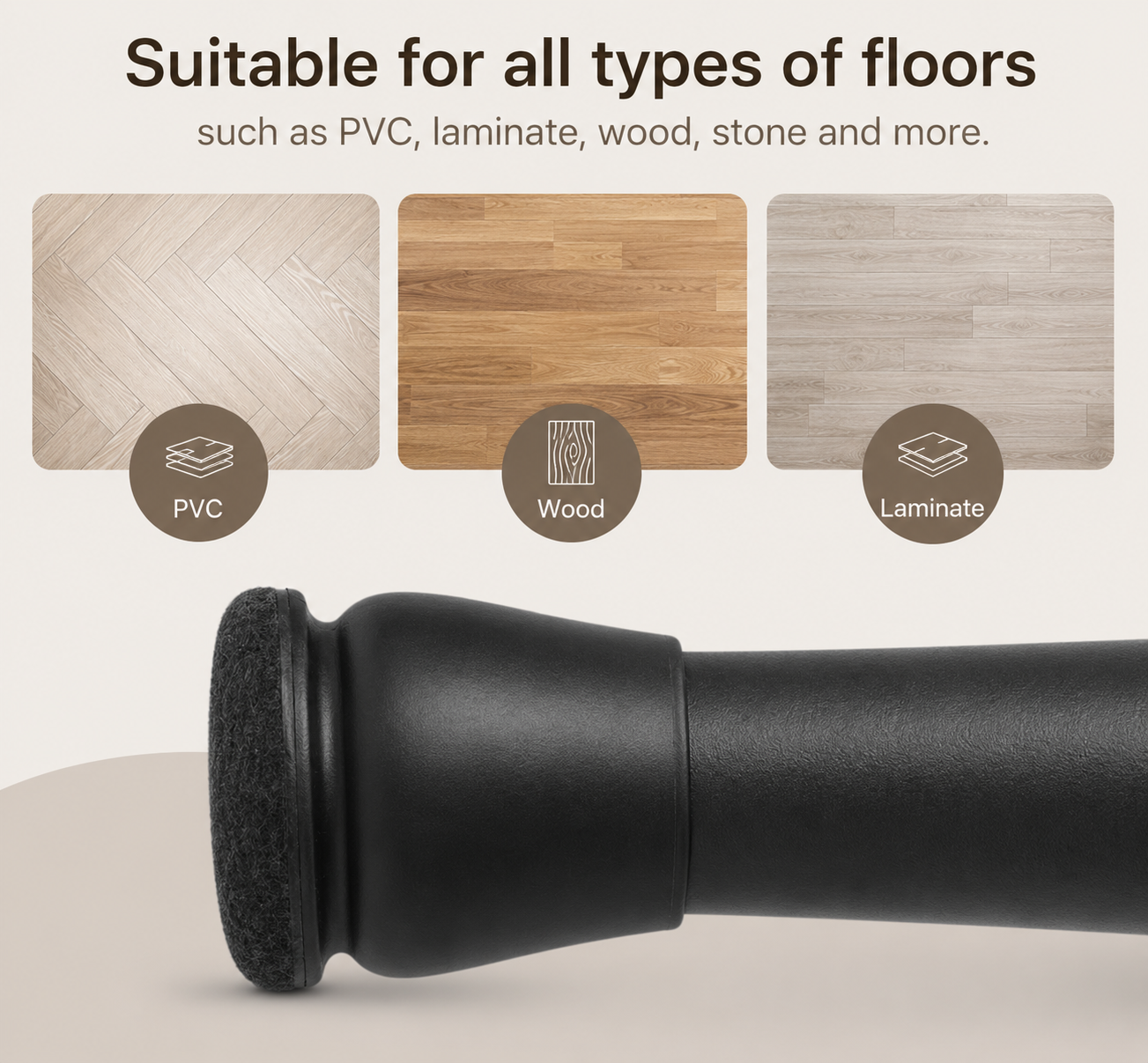 Chair leg caps available in black, clear brown and clear black