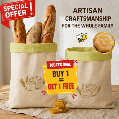 Hovara reusable beeswax bread bag filled with artisan bread