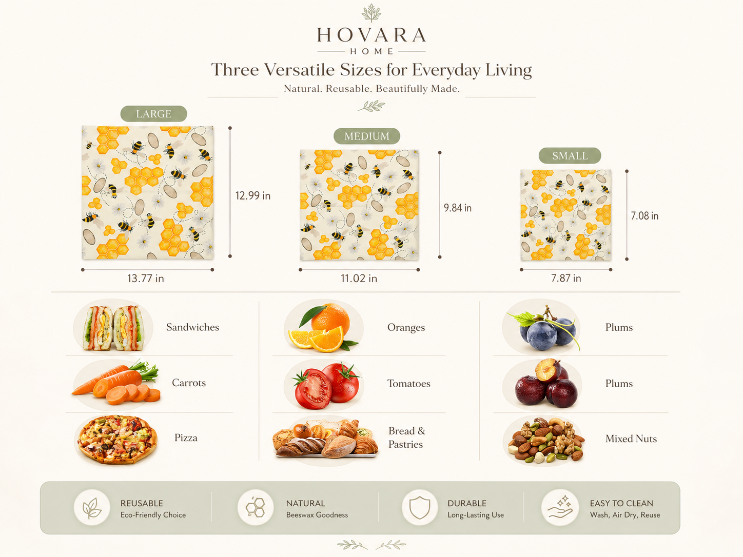 Beeswax Food Wraps — Reusable, Plastic-Free Food Storage (Set of 3)