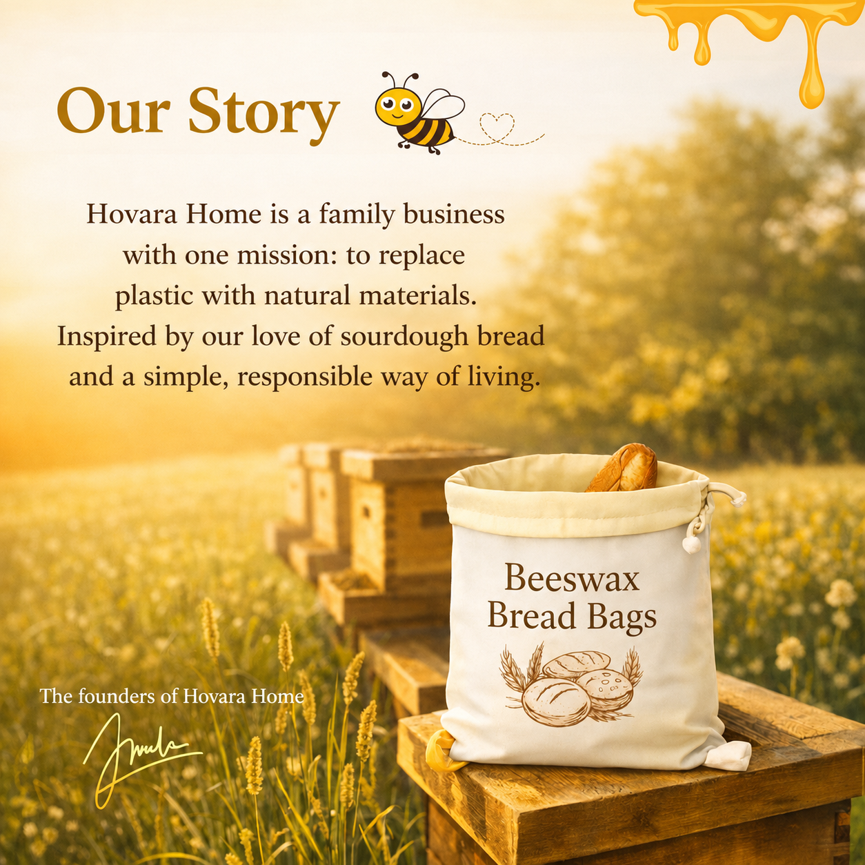 Reusable beeswax and cotton bread bag on a kitchen worktop