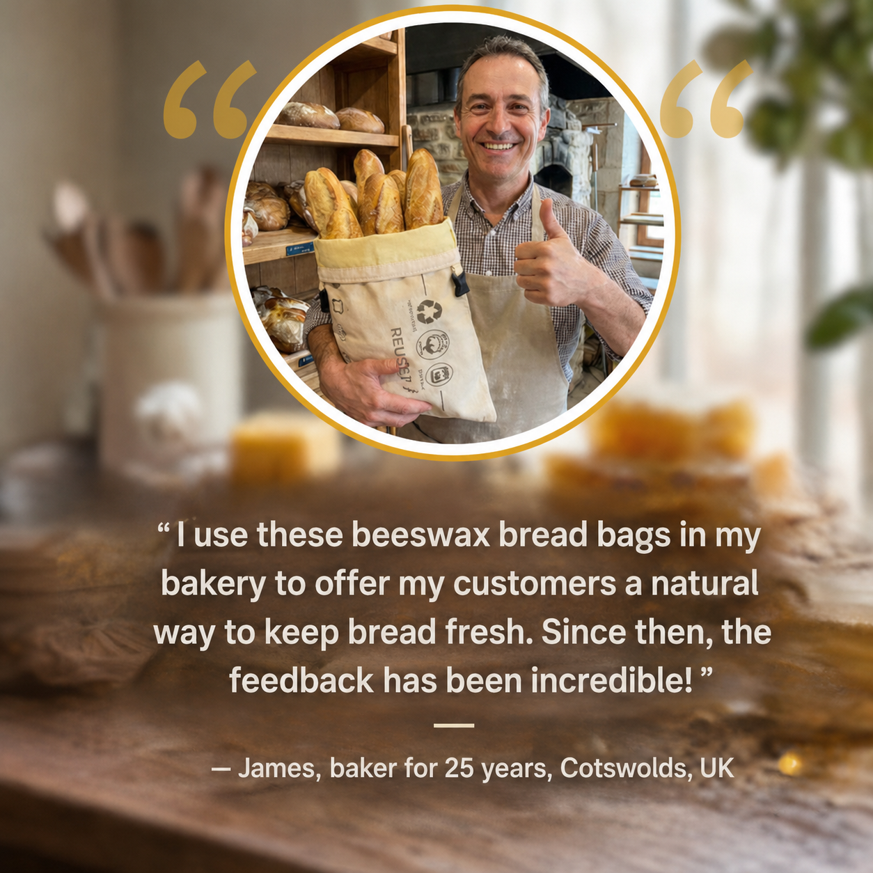 Beeswax bread bag holding a fresh baguette